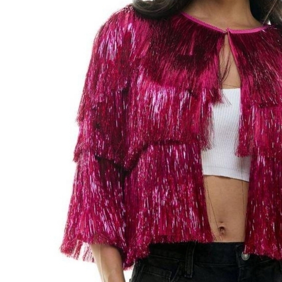 Pink Fringe Three Tiered Tinsel Jacket NWT - Picture 3 of 5